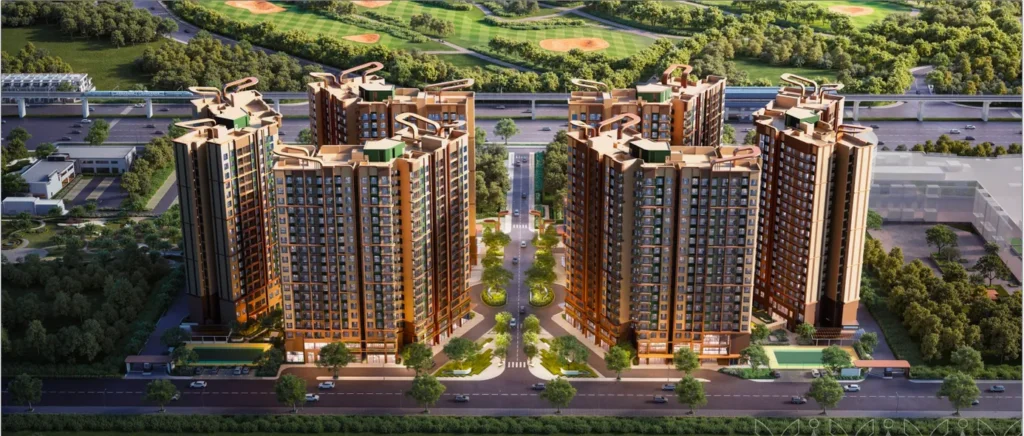 Norton Park B 區塔樓空拍，背景是 Sông Bé 高爾夫球場（型錄示意圖）