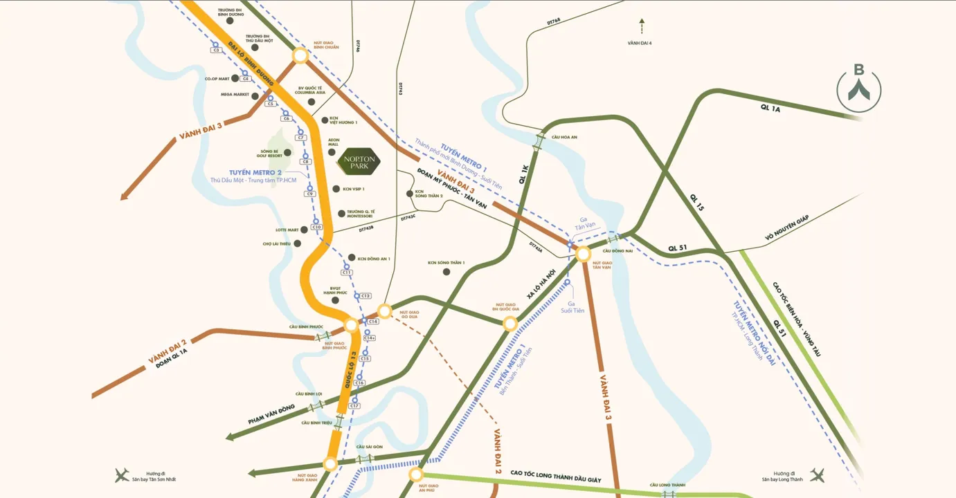 Norton Park 區位圖：平陽大道旁，鄰近 AEON Mall、VSIP 1 與地鐵 2 號線規劃路線（型錄）