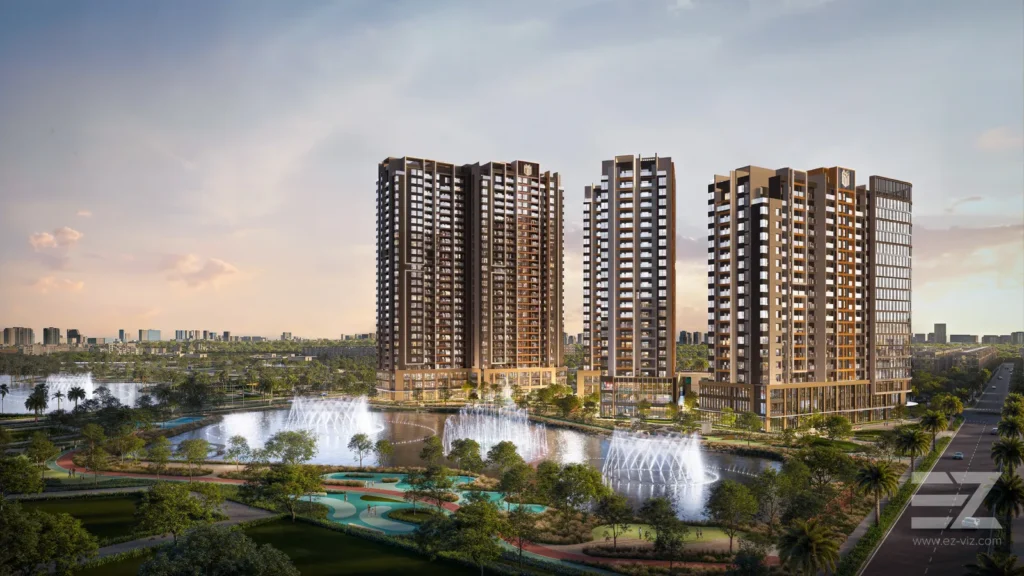 Masteri Cosmo Central 大樓與音樂噴泉湖景（開發商示意圖）