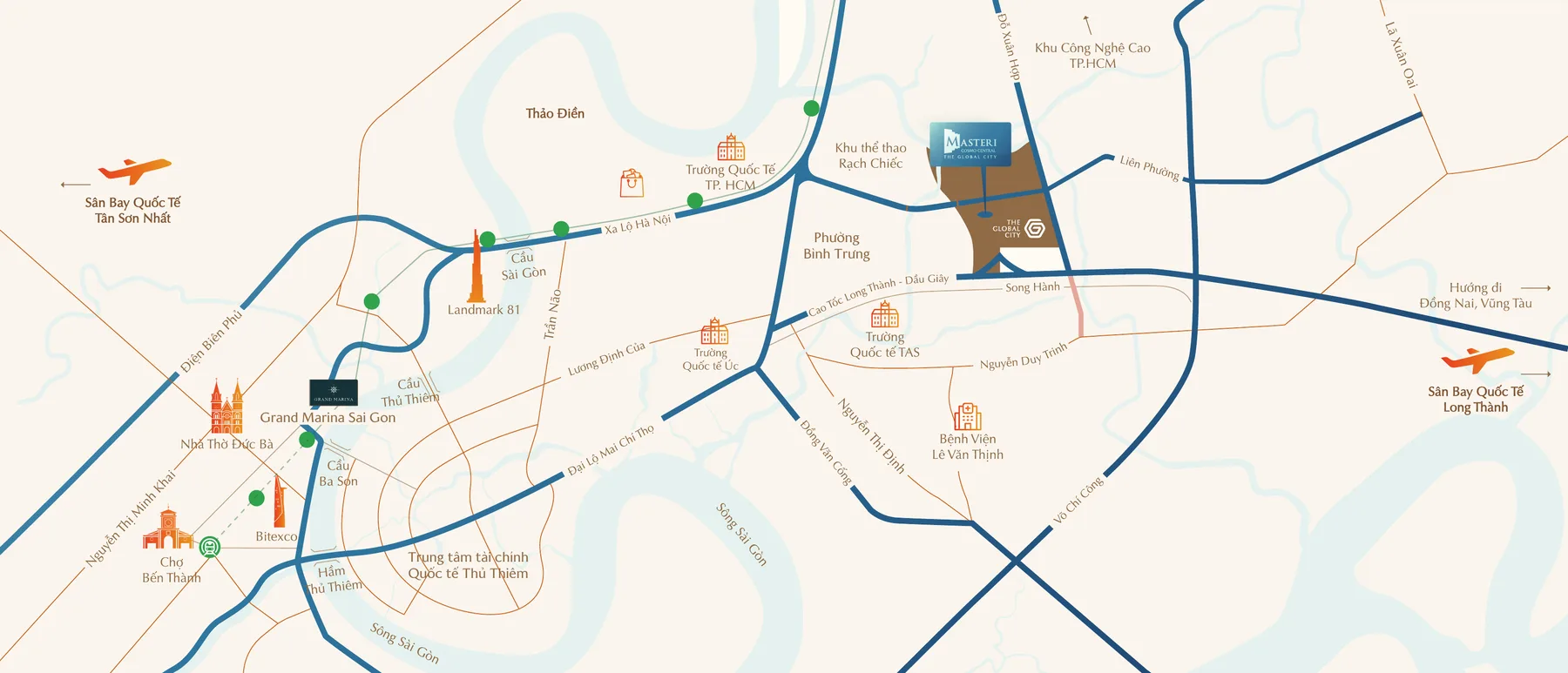 The Global City 區位圖：胡志明守德 Bình Trưng 坊，鄰近 Thảo Điền 與守添