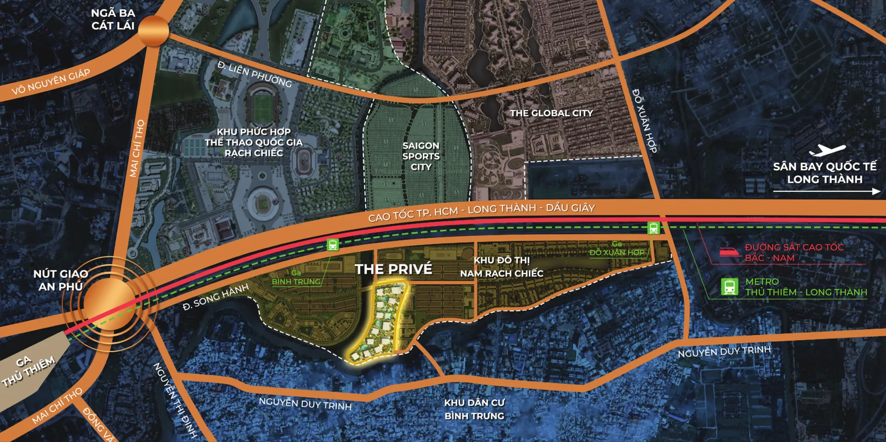 The Privé 區位圖：胡志明 Bình Trưng 坊 Nam Rạch Chiếc，鄰近 An Phú 交流道與 The Global City